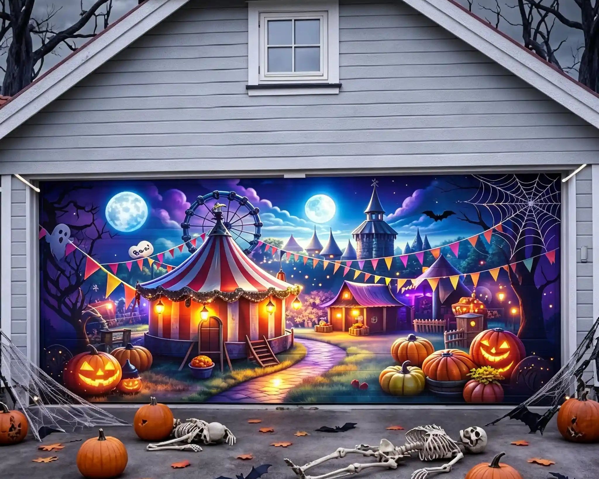 Halloween Circus Colorful Moonlit Pumpkin Carnival Outdoor Halloween Garage Door Banner CSH67-5-2 car