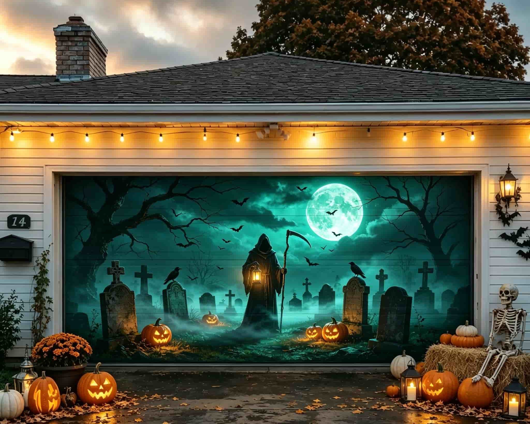 Scary Halloween Garage Door Banner Moonlit Reaper Pumpkin Graveyard Halloween Garage Door Banner CSH67-52-2 car