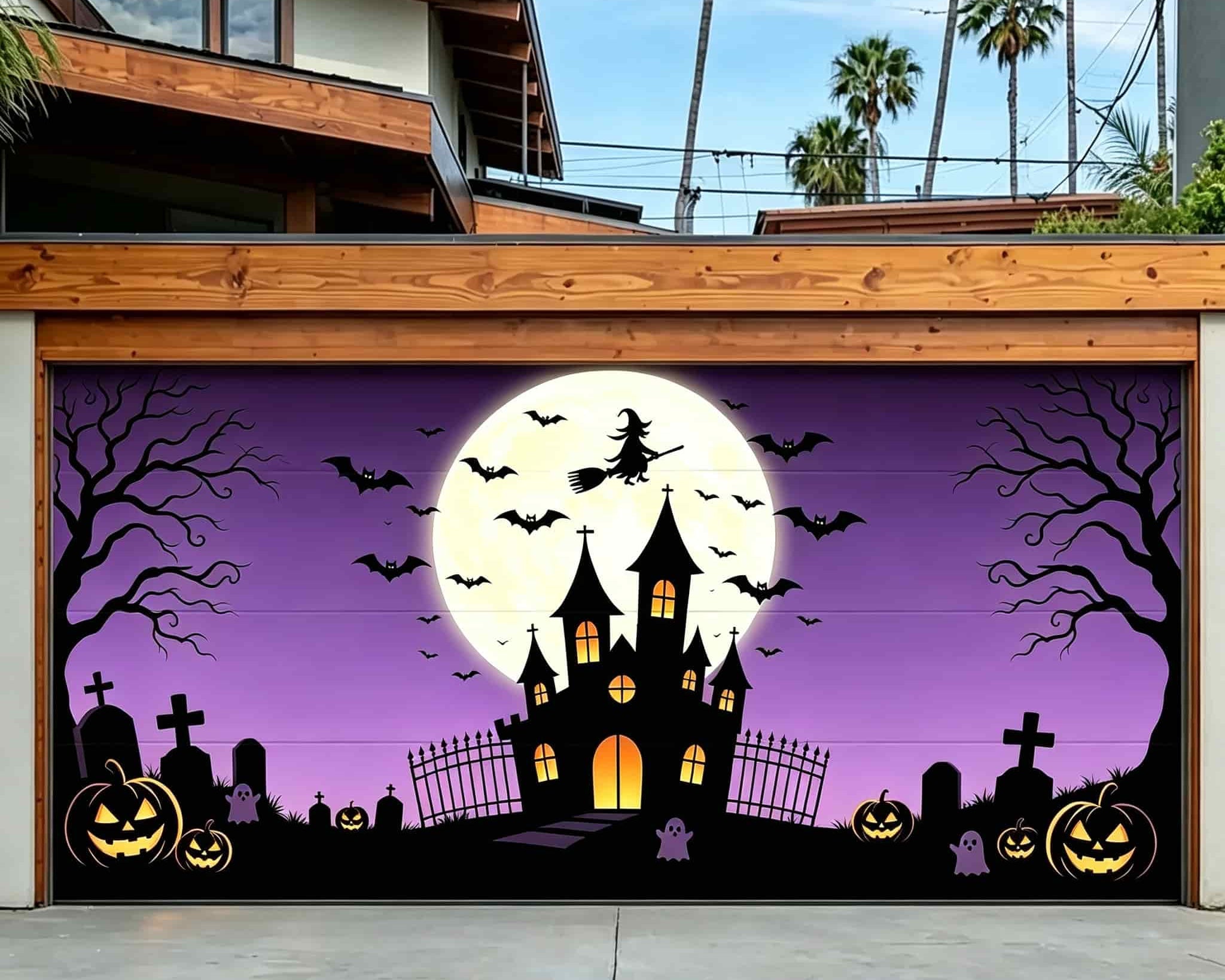 Witch Halloween Garage Door Cover Purple Moon Witch Castle Halloween Garage Door Wrap CSH67-53-2 car