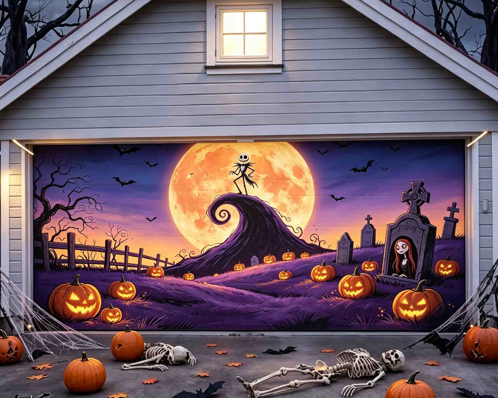 Graveyard Halloween Garage Door Cover Moonlit Skeleton Pumpkin Graveyard Halloween Garage Decorations CSH67-55-2 car