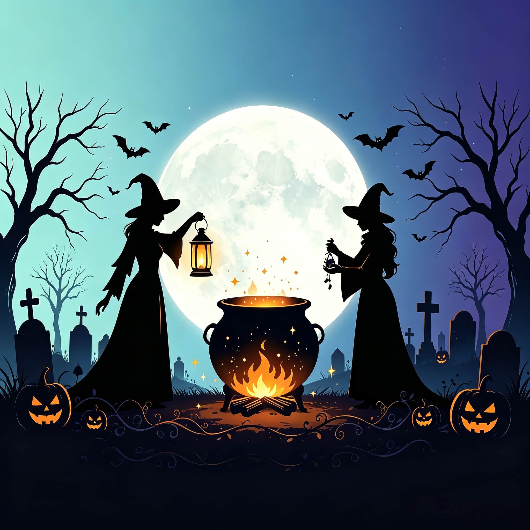 Witch Halloween Garage Door Cover Moonlit Witches Flaming Cauldron Halloween Garage Door Banner CSH67-58-1 car