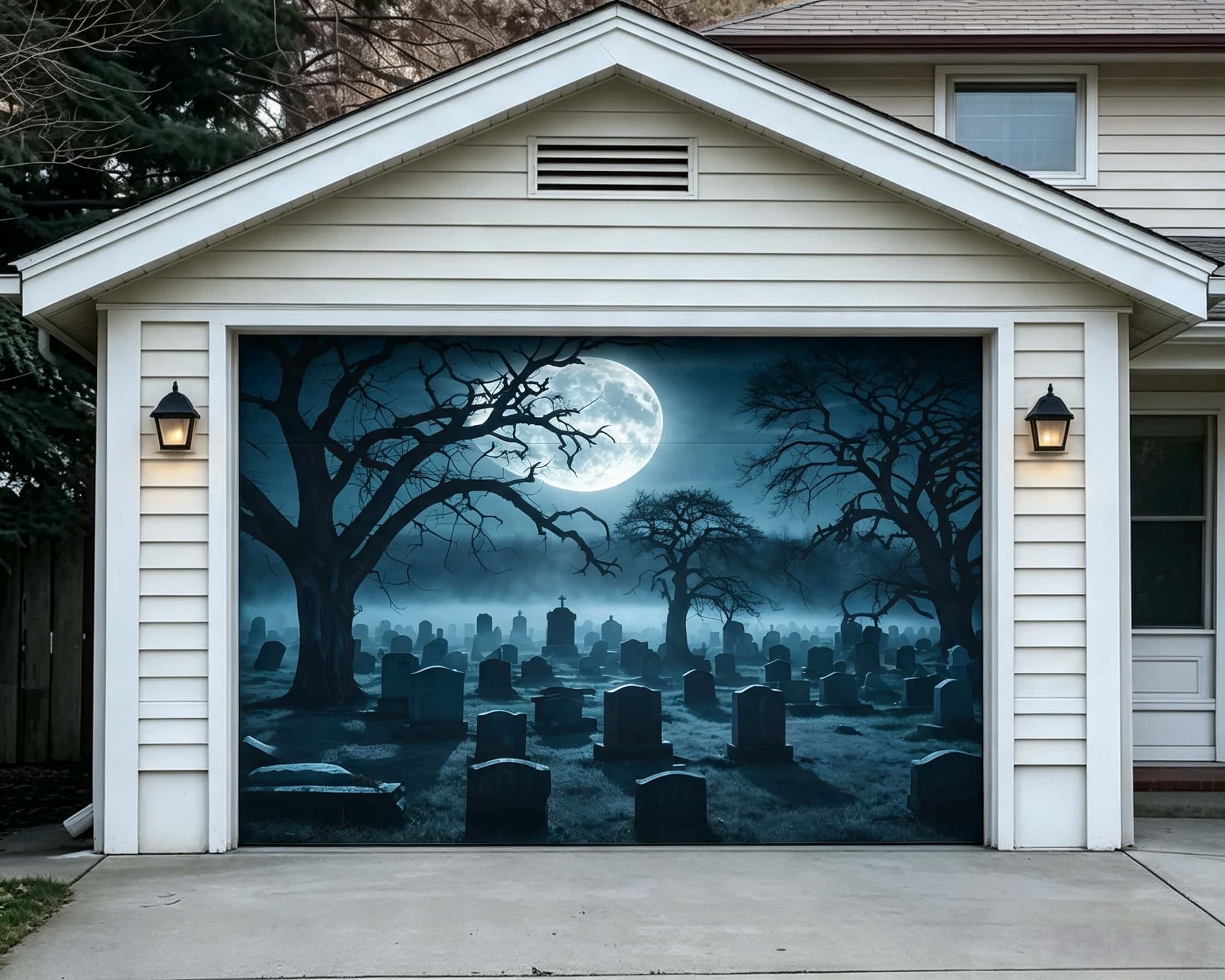 Creepy Graveyard Backdrop Moonlit Twisted Tree Graveyard Halloween Garage Door Cover CSH67-6-1 car