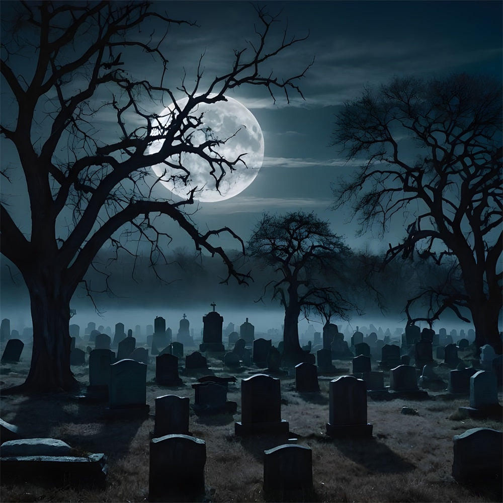 Creepy Graveyard Backdrop Moonlit Twisted Tree Graveyard Halloween Garage Door Cover CSH67-6