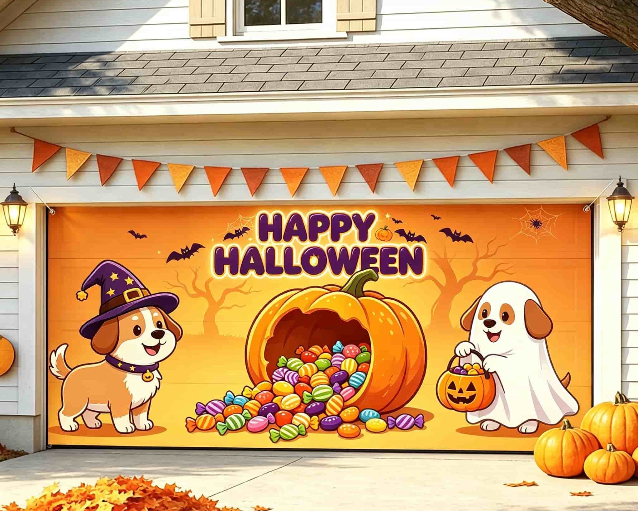 Cute Halloween Garage Door Decor Candy Pumpkin Costume Puppies Halloween Garage Door Wrap CSH67-64-2 car