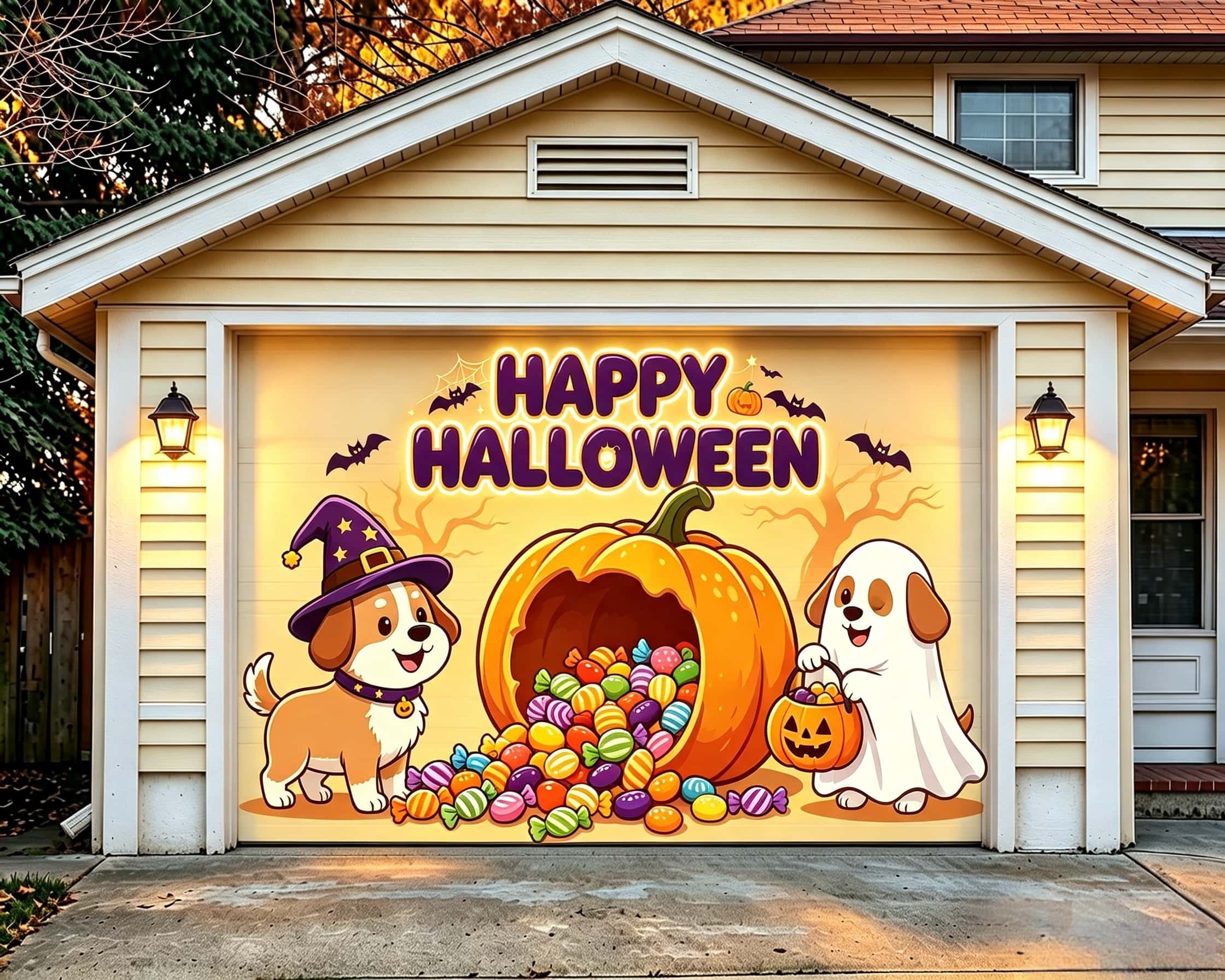 Cute Halloween Garage Door Decor Candy Pumpkin Costume Puppies Halloween Garage Door Wrap CSH67-64-1 car