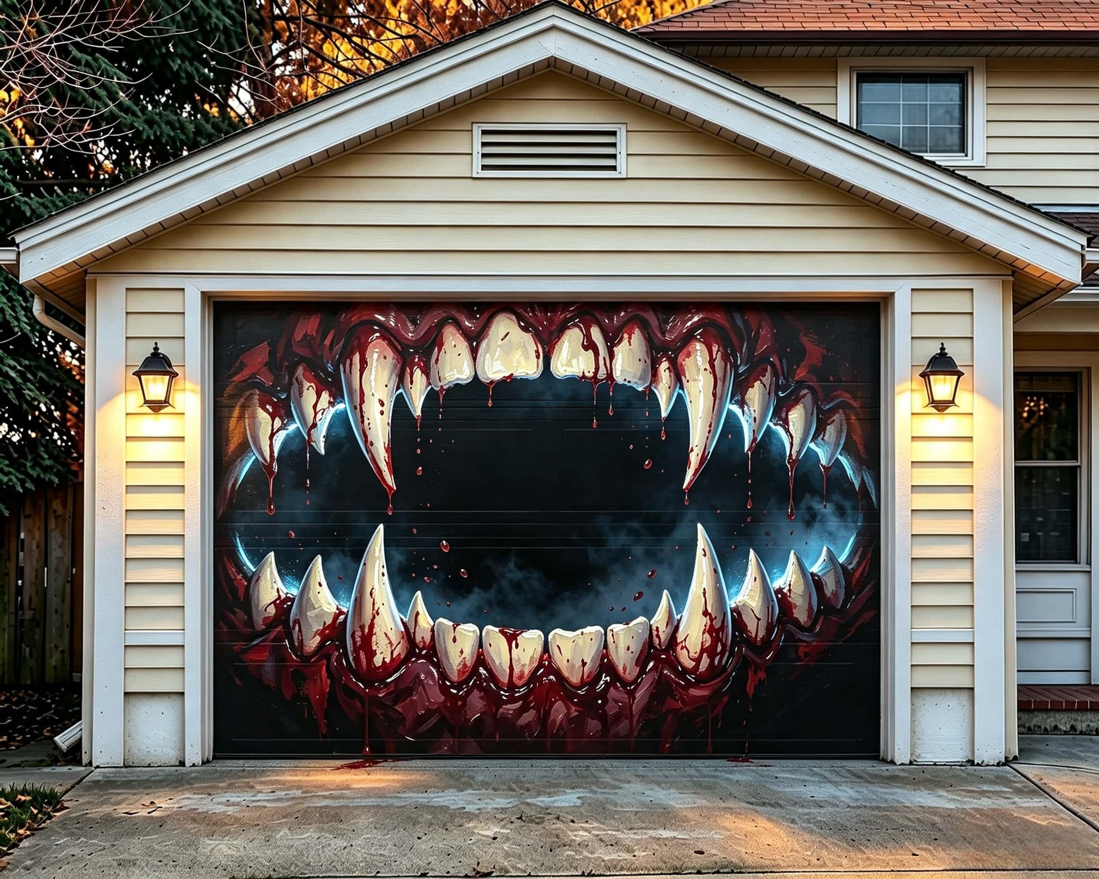 Scary Halloween Garage Door Banner Bloody Vampire Fangs Mouth Halloween Garage Door Cover CSH67-65-1 car