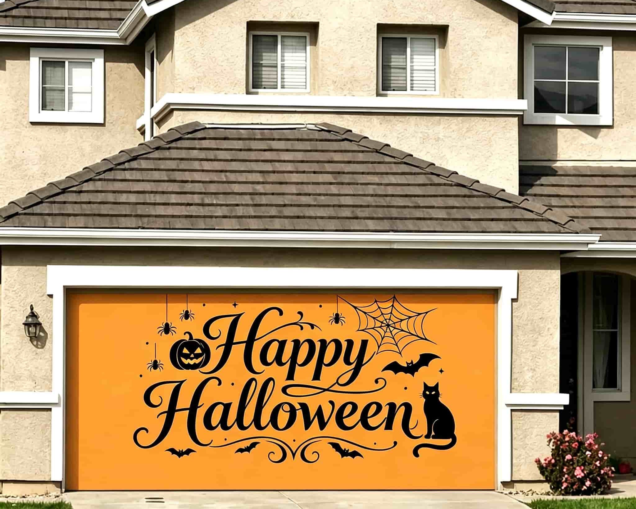 Trick or Treat Garage Door Banner Orange Cat Spiderweb Greeting Halloween Garage Door Decor CSH67-66-2 car
