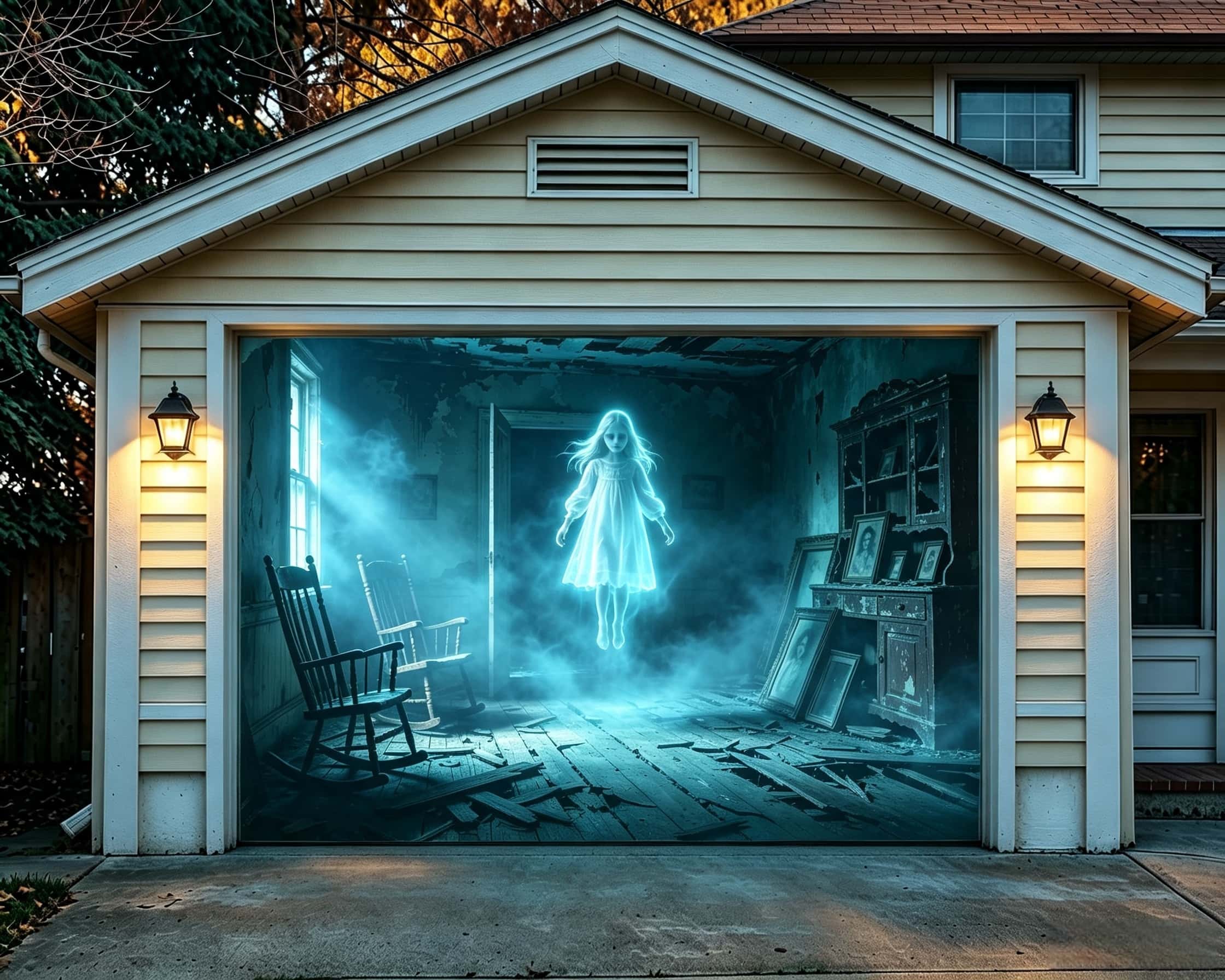 Creepy Halloween Garage Door Decor Glowing Ghost Abandoned Room Halloween Garage Decorations CSH67-67-1 car