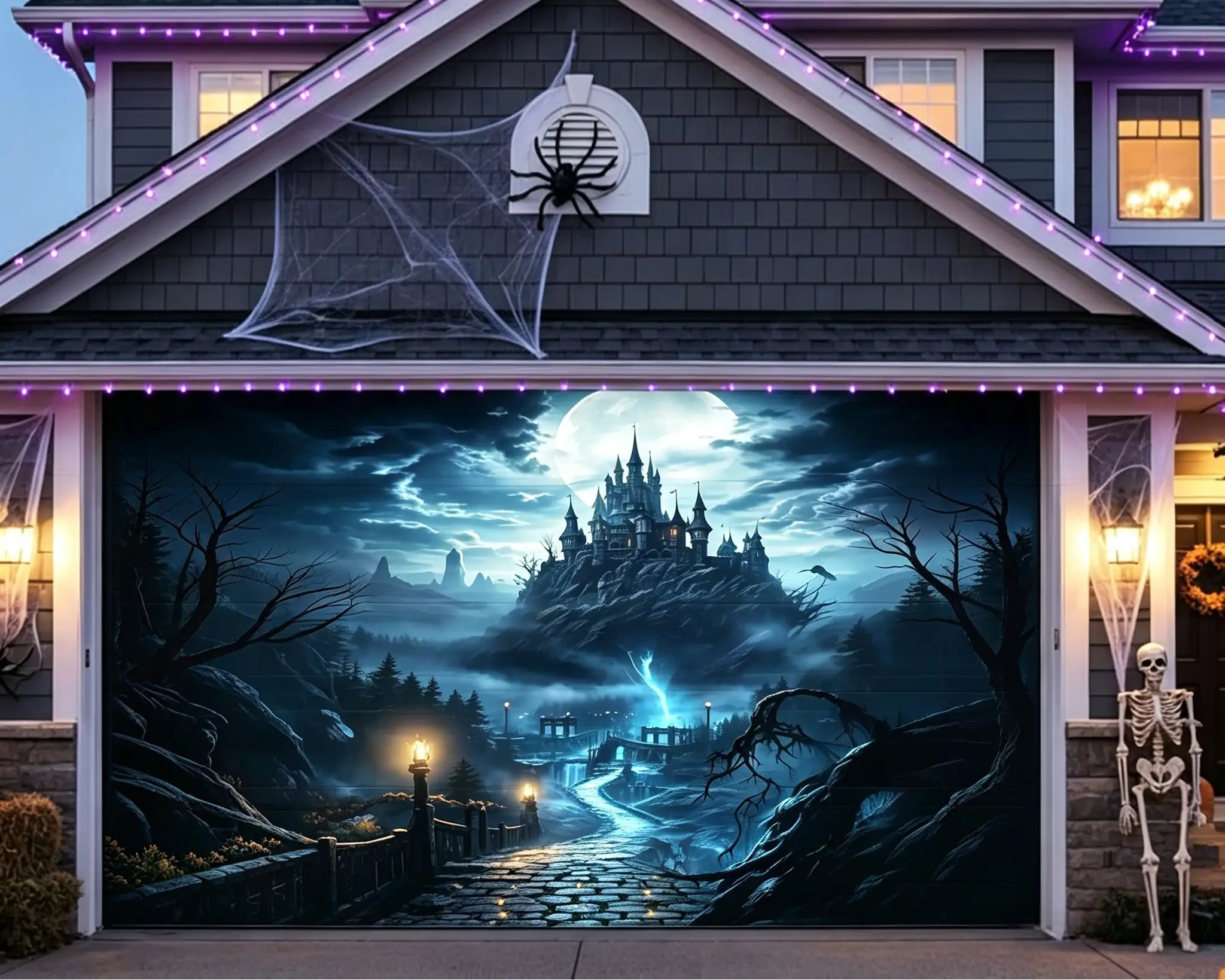Backdrop Ideas For Halloween Moonlit Storm Castle Path Halloween Garage Door Decorations CSH67-7-2 car