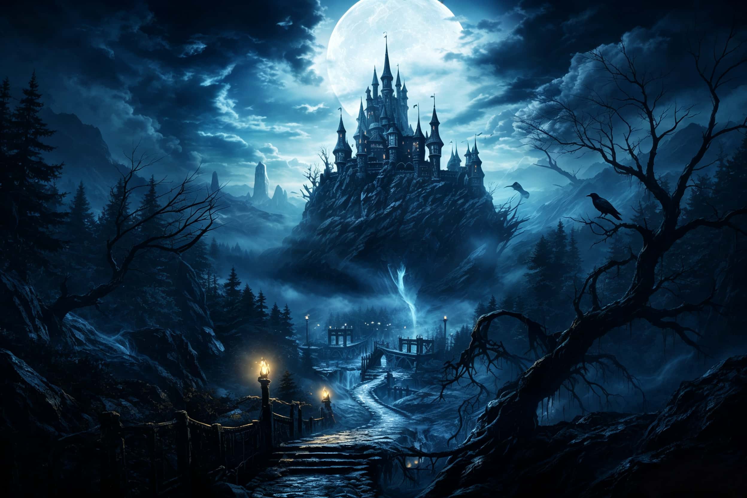 Backdrop Ideas For Halloween Moonlit Storm Castle Path Halloween Garage Door Decorations CSH67-7