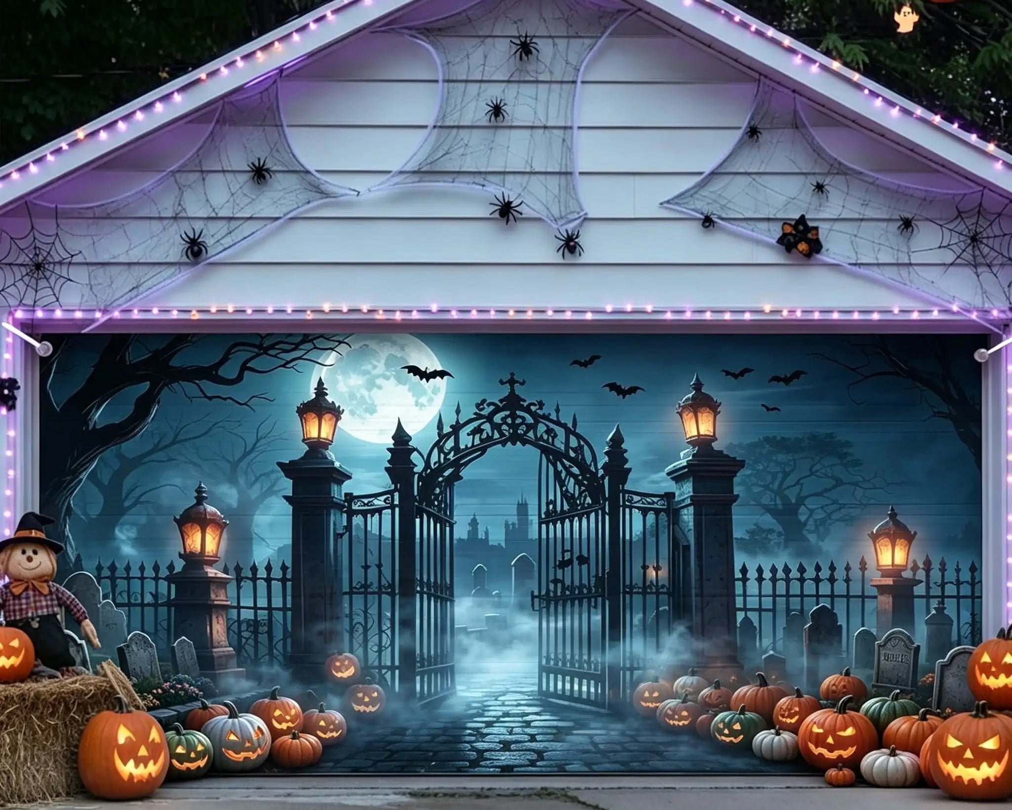Halloween Backdrop Moonlit Pumpkin Cemetery Gateway Halloween Garage Door Decor CSH67-8-2 car
