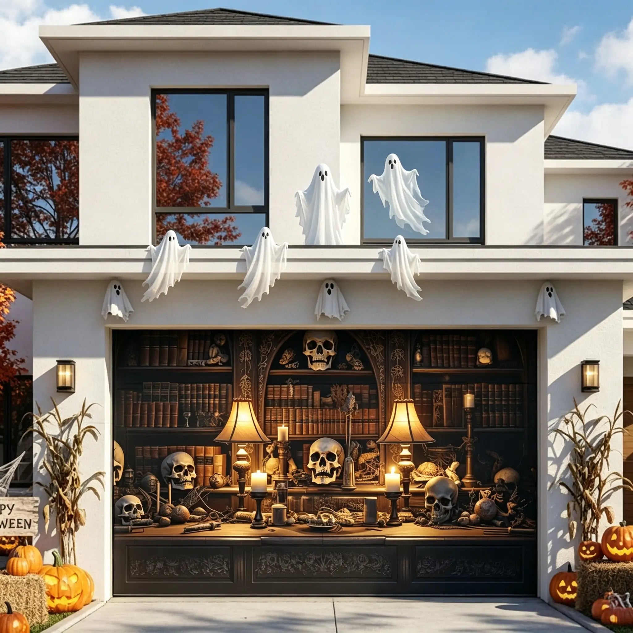 Halloween Backdrops Candlelit Skull Curiosity Library Outdoor Halloween Garage Door Banner CSH67-9