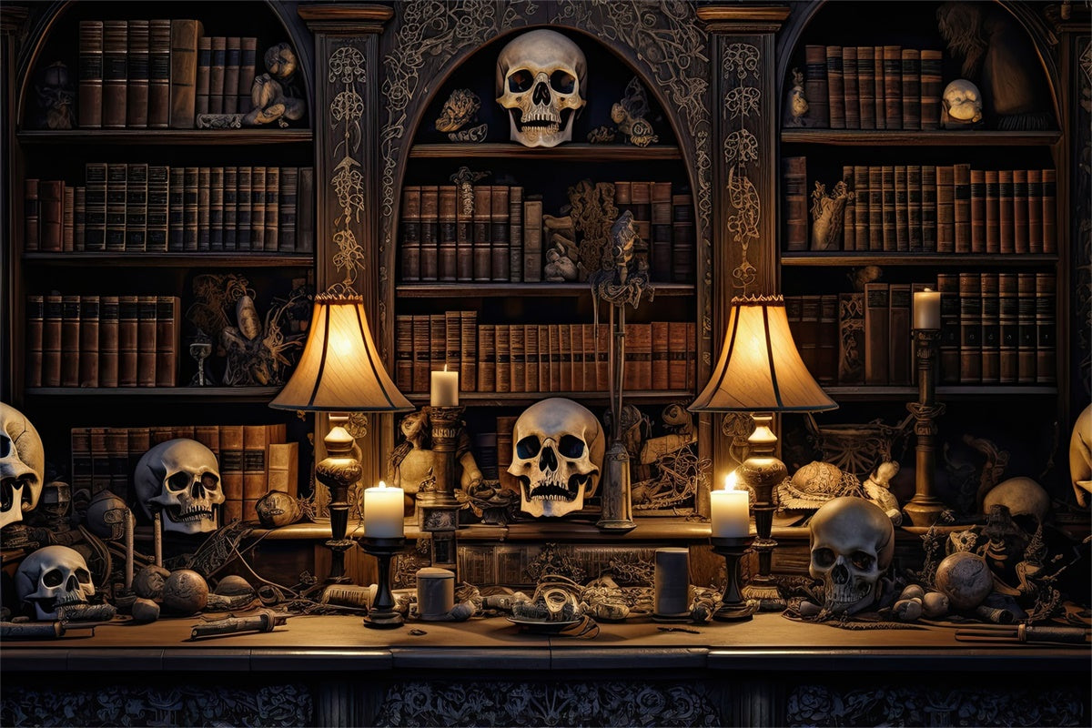Halloween Backdrops Candlelit Skull Curiosity Library Outdoor Halloween Garage Door Banner CSH67-9