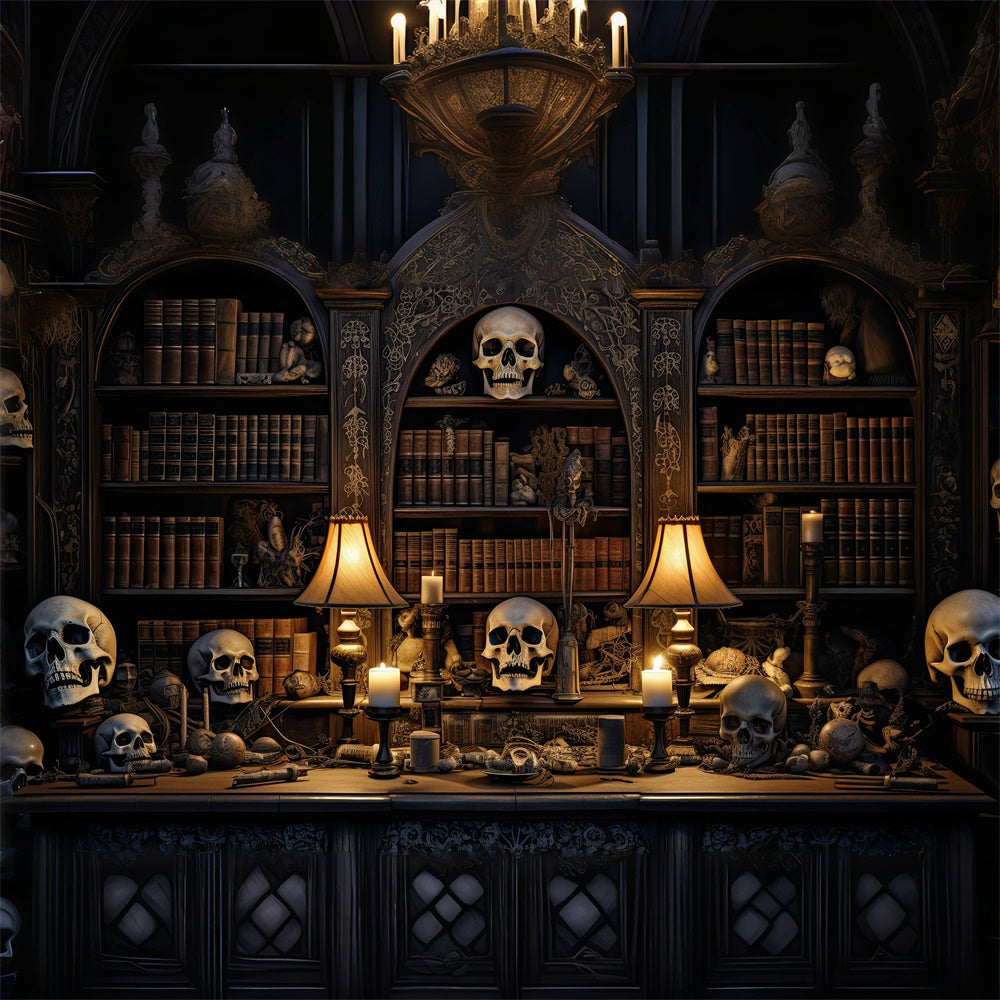 Halloween Backdrops Candlelit Skull Curiosity Library Outdoor Halloween Garage Door Banner CSH67-9