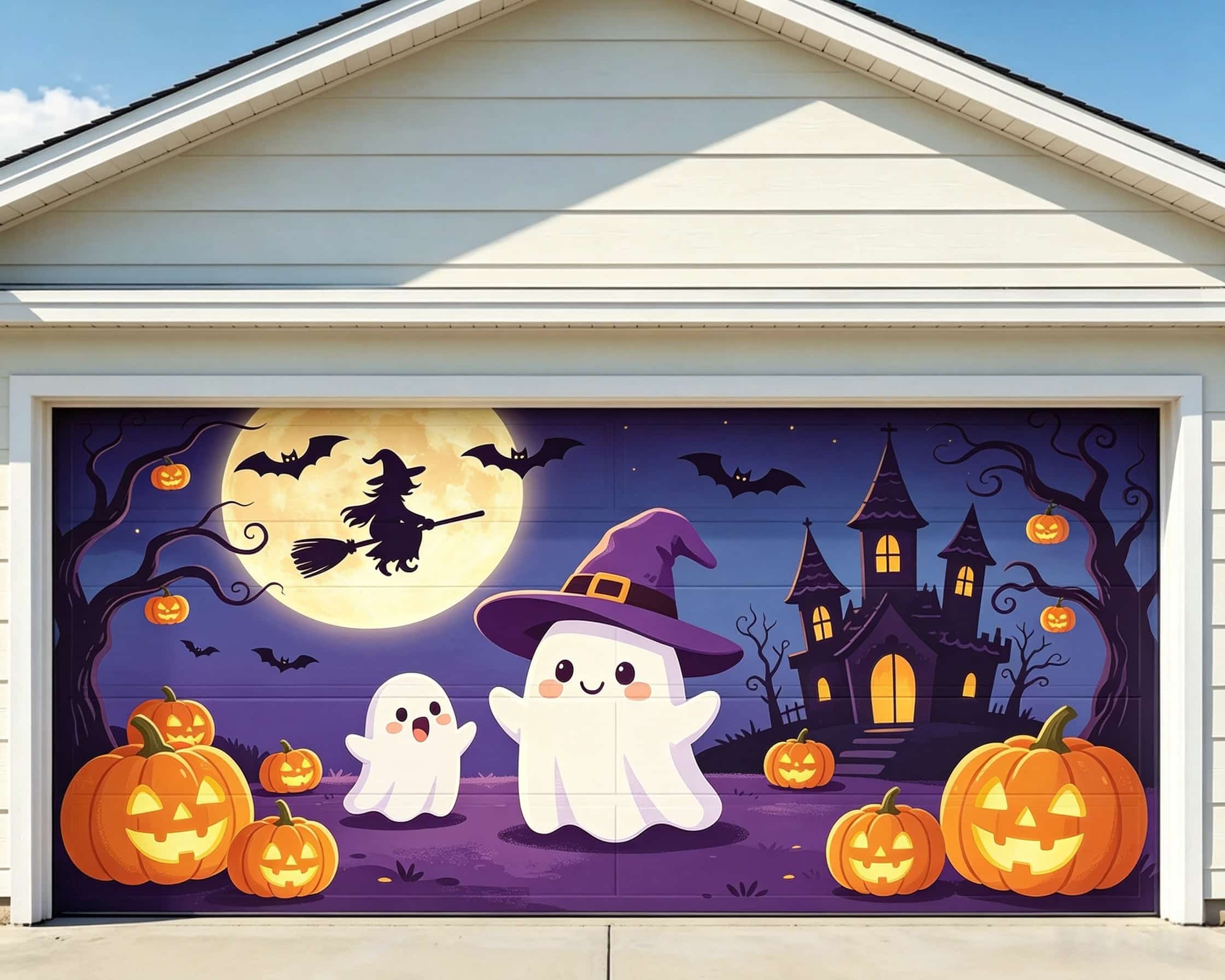 Cute Halloween Garage Door Decor Witch Ghost Pumpkin Castle Halloween Garage Door Cover CSH68-1-2 car