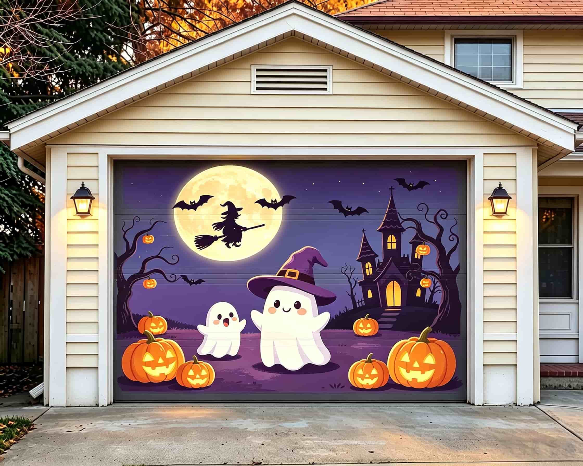 Cute Halloween Garage Door Decor Witch Ghost Pumpkin Castle Halloween Garage Door Cover CSH68-1-1 car