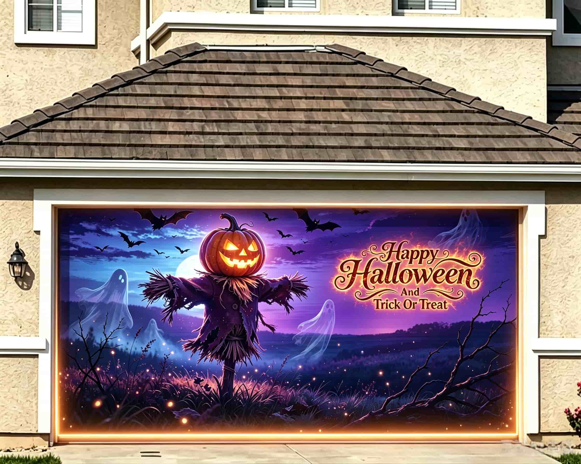 Scarecrow Halloween Garage Door Cover Pumpkin Scarecrow Ghost Halloween Garage Door Cover CSH68-19-2 car