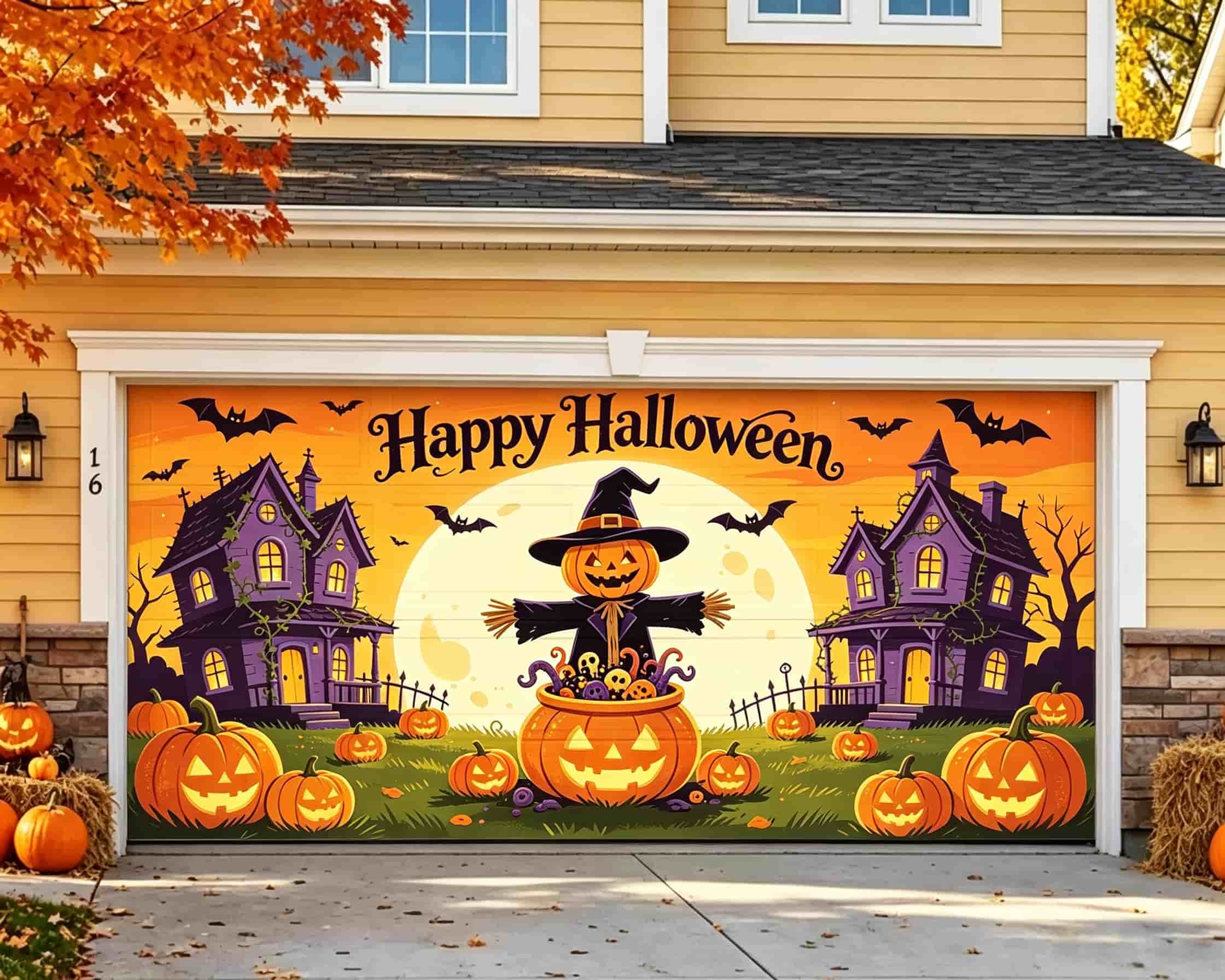 Funny Halloween Garage Door Cover Pumpkin Scarecrow Haunted Houses Halloween Garage Door Decorations CSH68-2-2 car