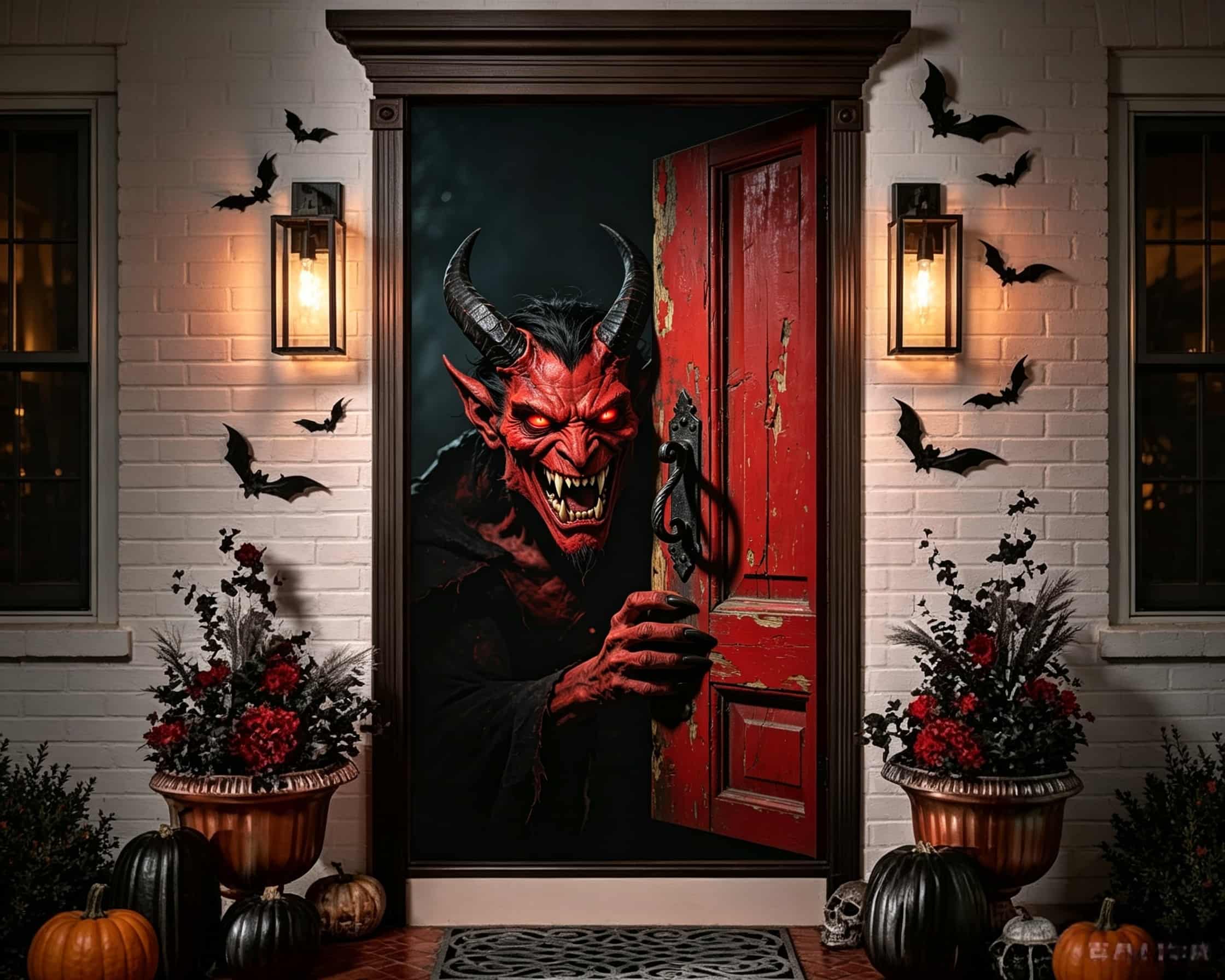 Demon Face Door Red Devil Doorway Stare Halloween Front Door Tapestry CSH68-23
