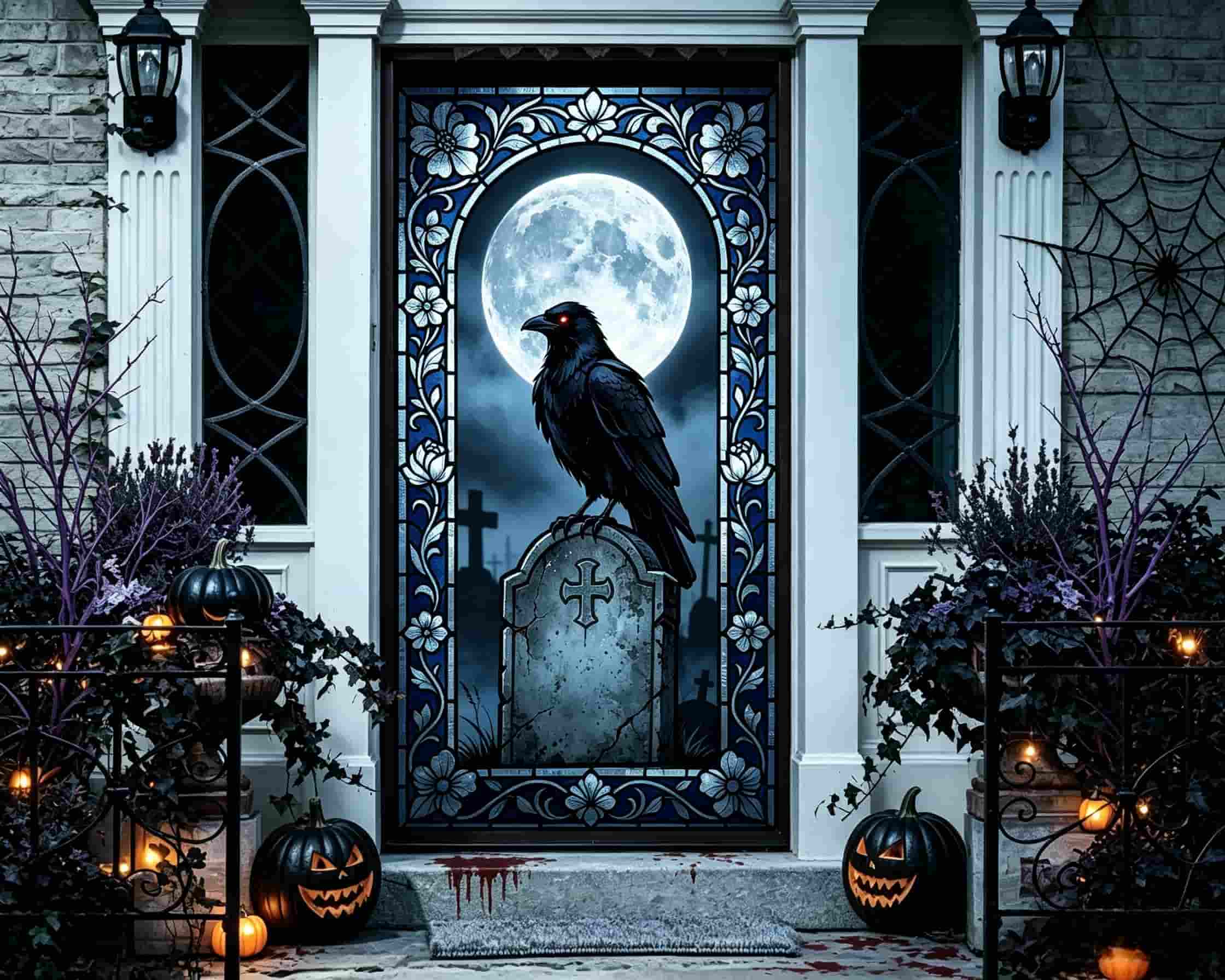 Raven Moon Door Moonlit Graveyard Tombstone Outdoor Halloween Door Banner CSH68-30