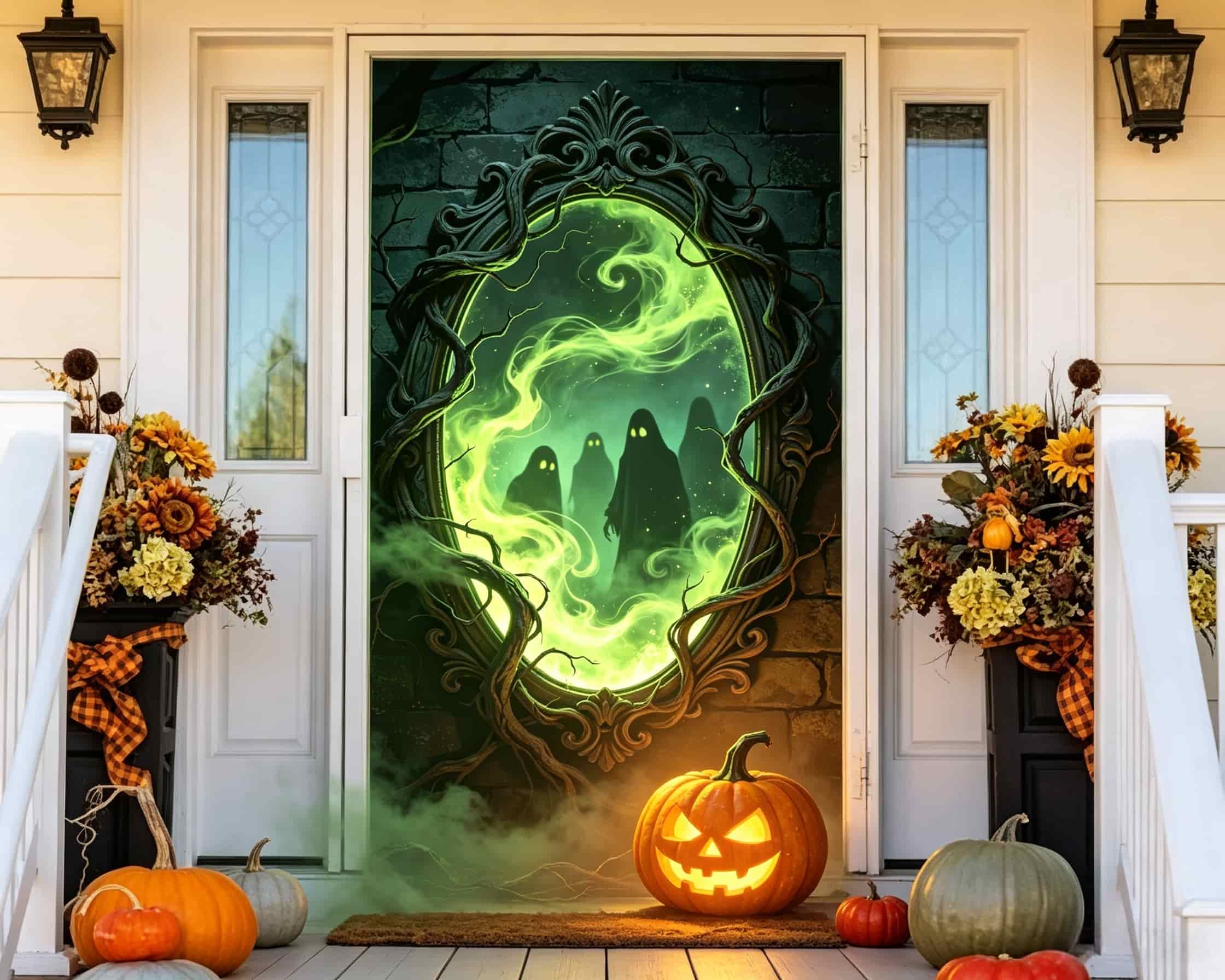 Haunted Mirror Door Ghost Reflection Pumpkin Creepy Halloween Door Banner CSH68-36