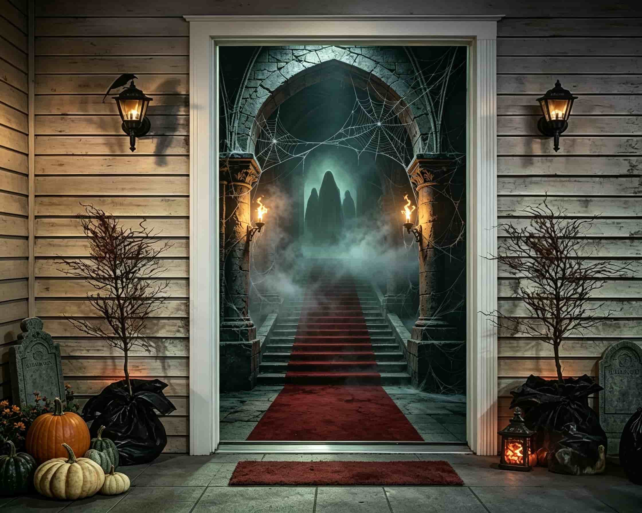 Vampire Castle Door Cobweb Torchway Staircase Halloween Front Door Banner CSH68-41