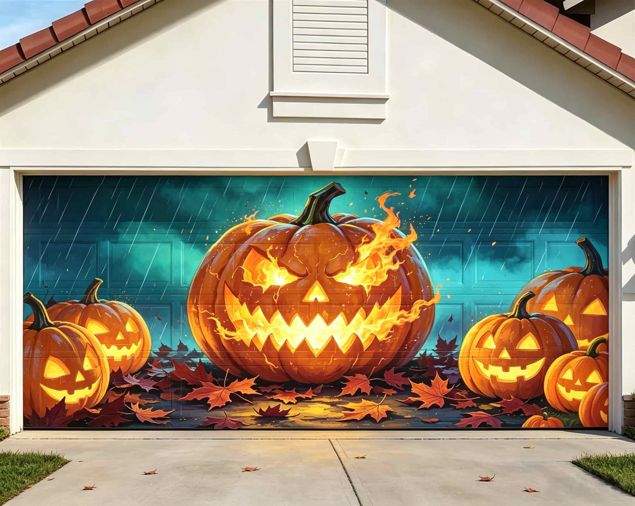 Pumpkin Halloween Garage Door Cover Jack O Lanterns Rainy Night Halloween Garage Door Cover CSH68-5-2 car