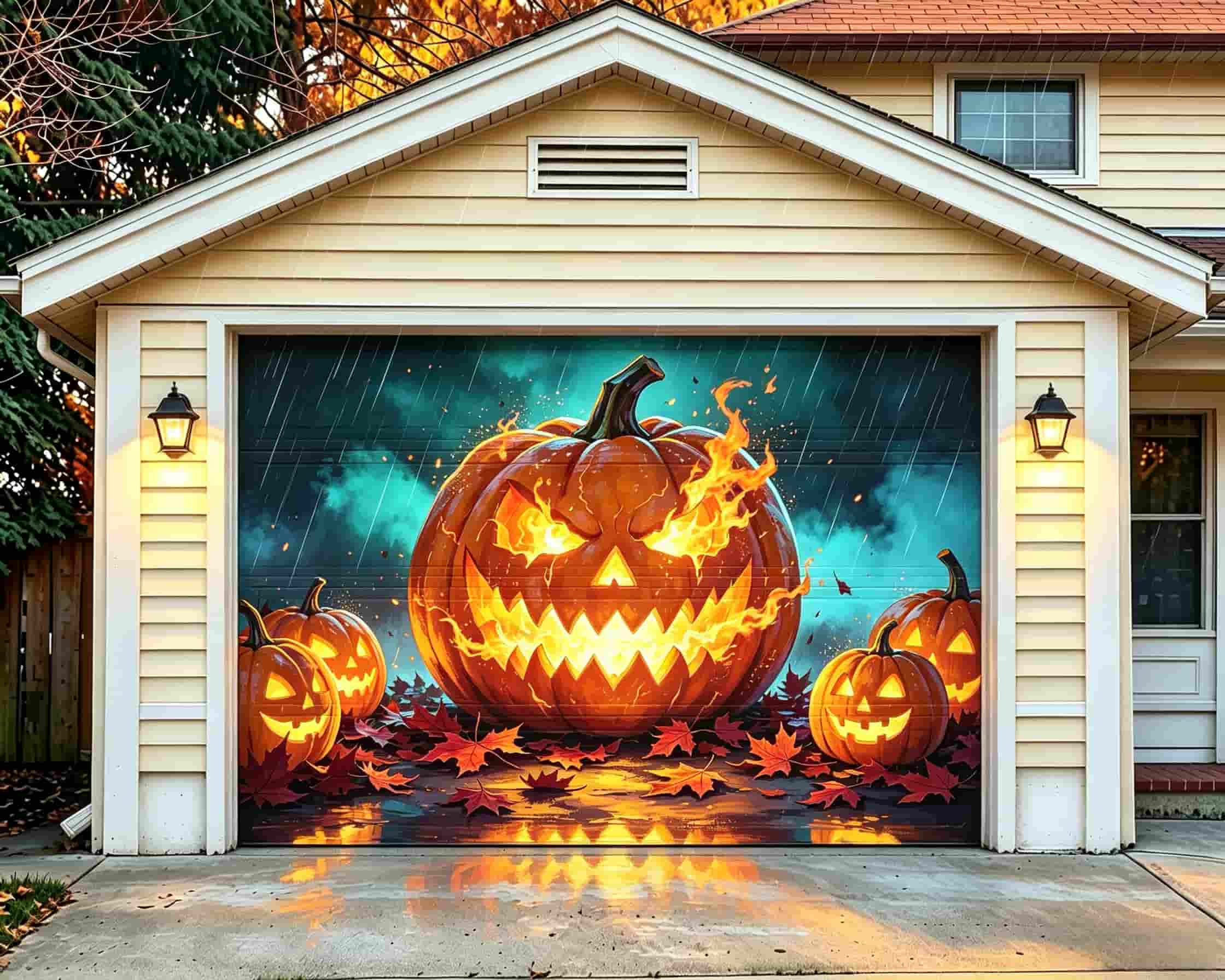 Pumpkin Halloween Garage Door Cover Jack O Lanterns Rainy Night Halloween Garage Door Cover CSH68-5-1 car