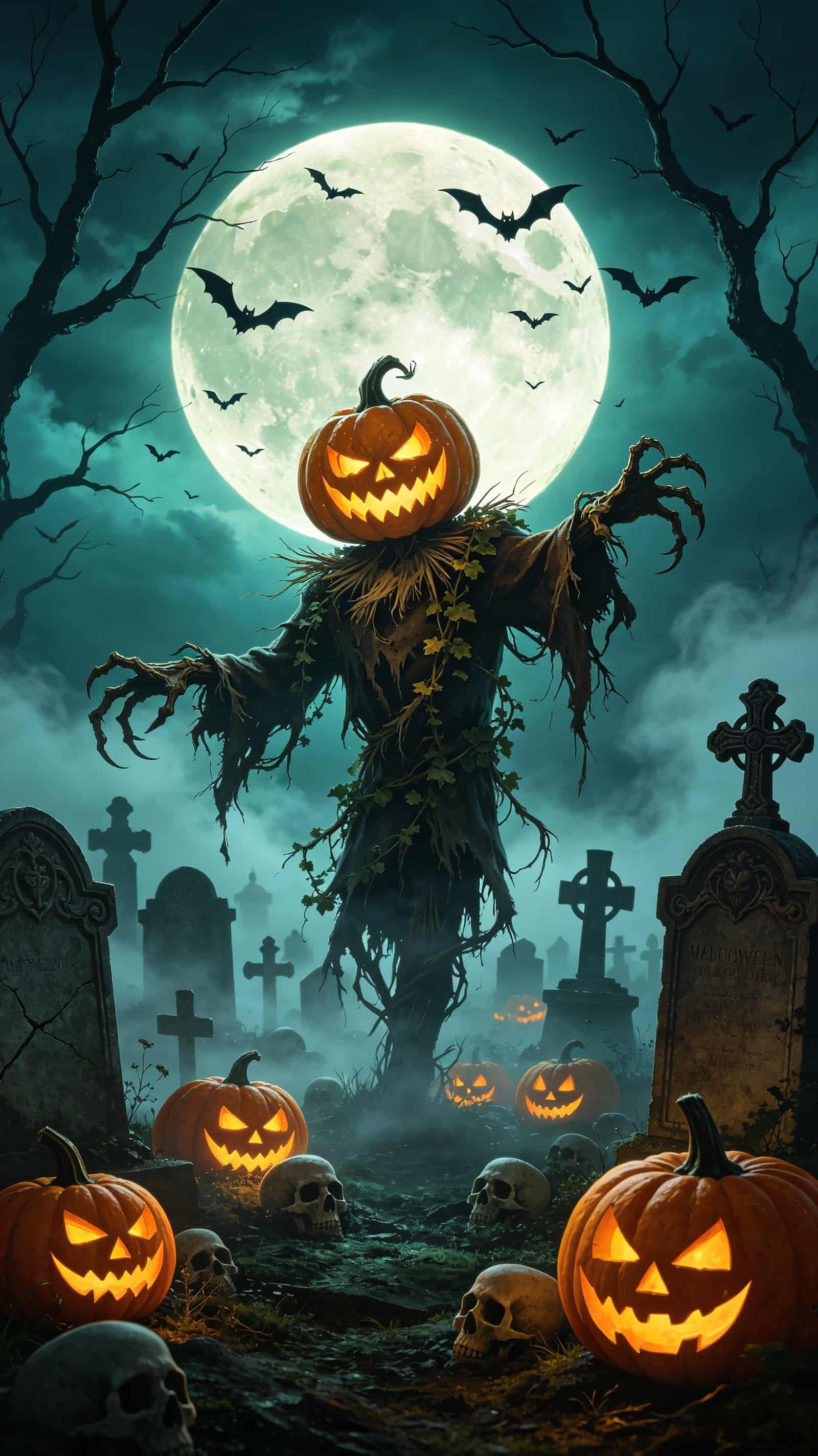 Pumpkin Monster Door Moonlit Graveyard Scarecrow Halloween Front Door Curtain CSH68-54