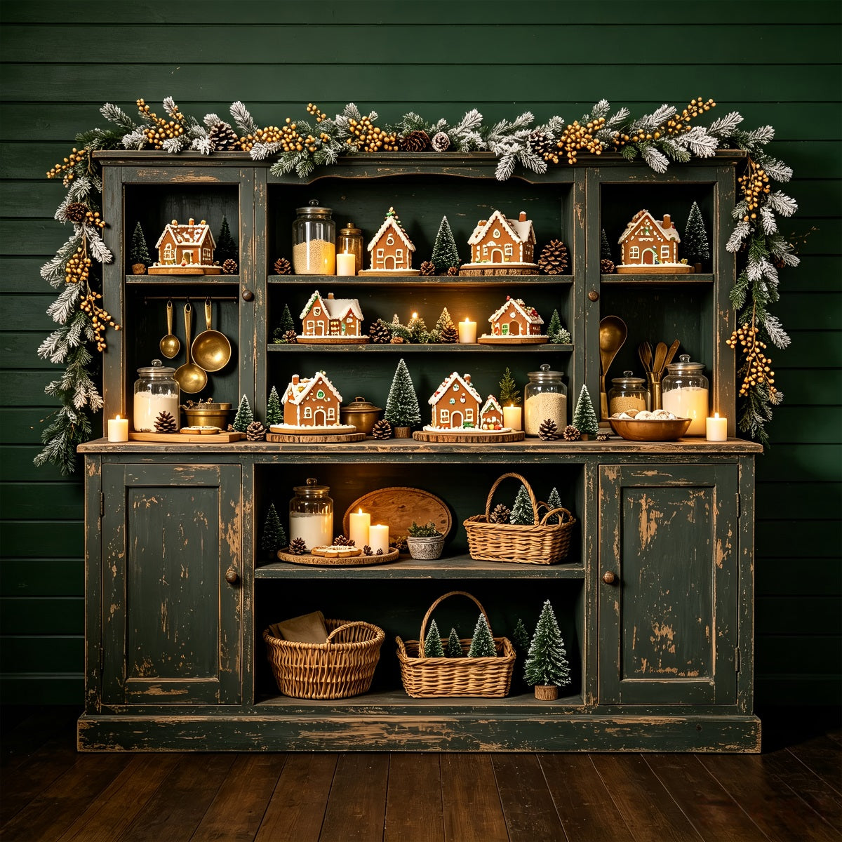 Christmas Kitchen Backdrop Gingerbread Shelf Village Christmas Photography Backdrop CSH68-57