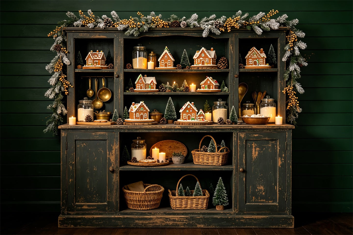 Christmas Kitchen Backdrop Gingerbread Shelf Village Christmas Photography Backdrop CSH68-57