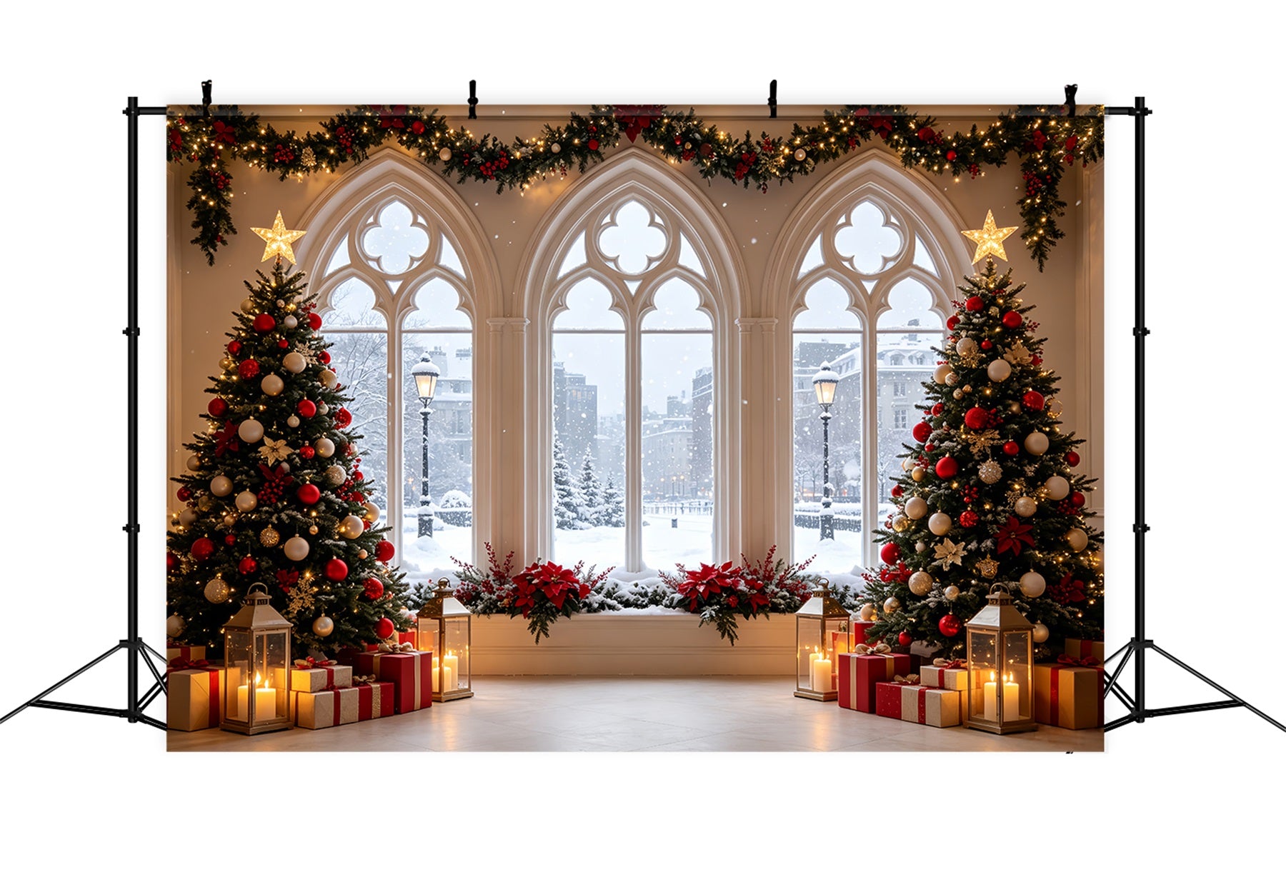 Christmas Window Backdrop Snowy Gothic Window Trees Large Christmas Backdrops CSH68-61