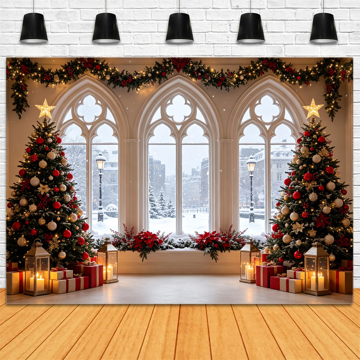 Christmas Window Backdrop Snowy Gothic Window Trees Large Christmas Backdrops CSH68-61