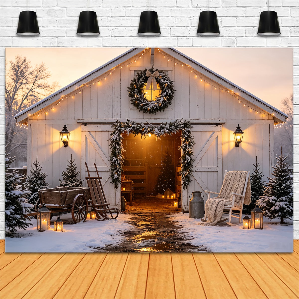 Christmas Barn Door Backdrop Winter Barn Lantern Glow Christmas Backdrops CSH68-62