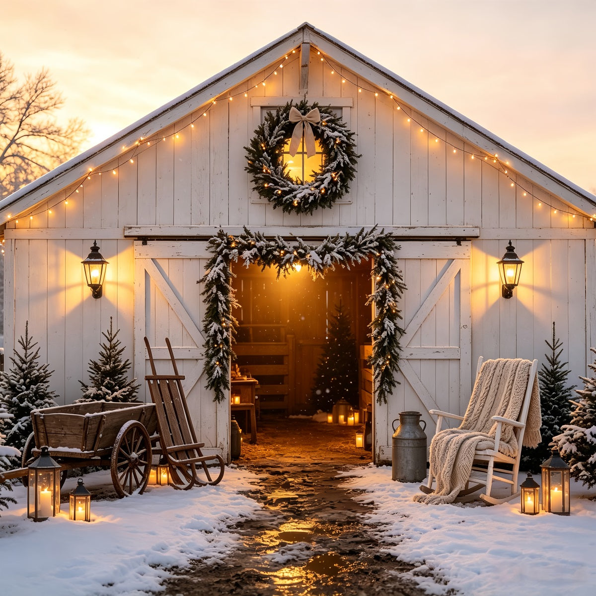 Christmas Barn Door Backdrop Winter Barn Lantern Glow Christmas Backdrops CSH68-62