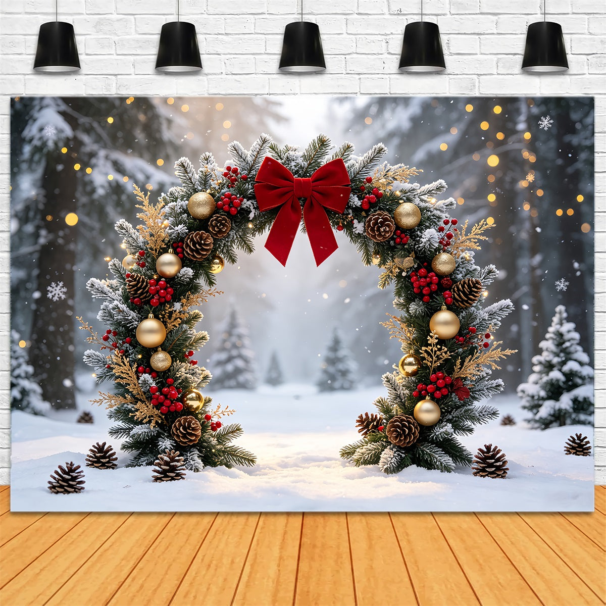 Christmas Wreath Backdrop Snowy Forest Garland Arch Photography Christmas Backdrops CSH68-63
