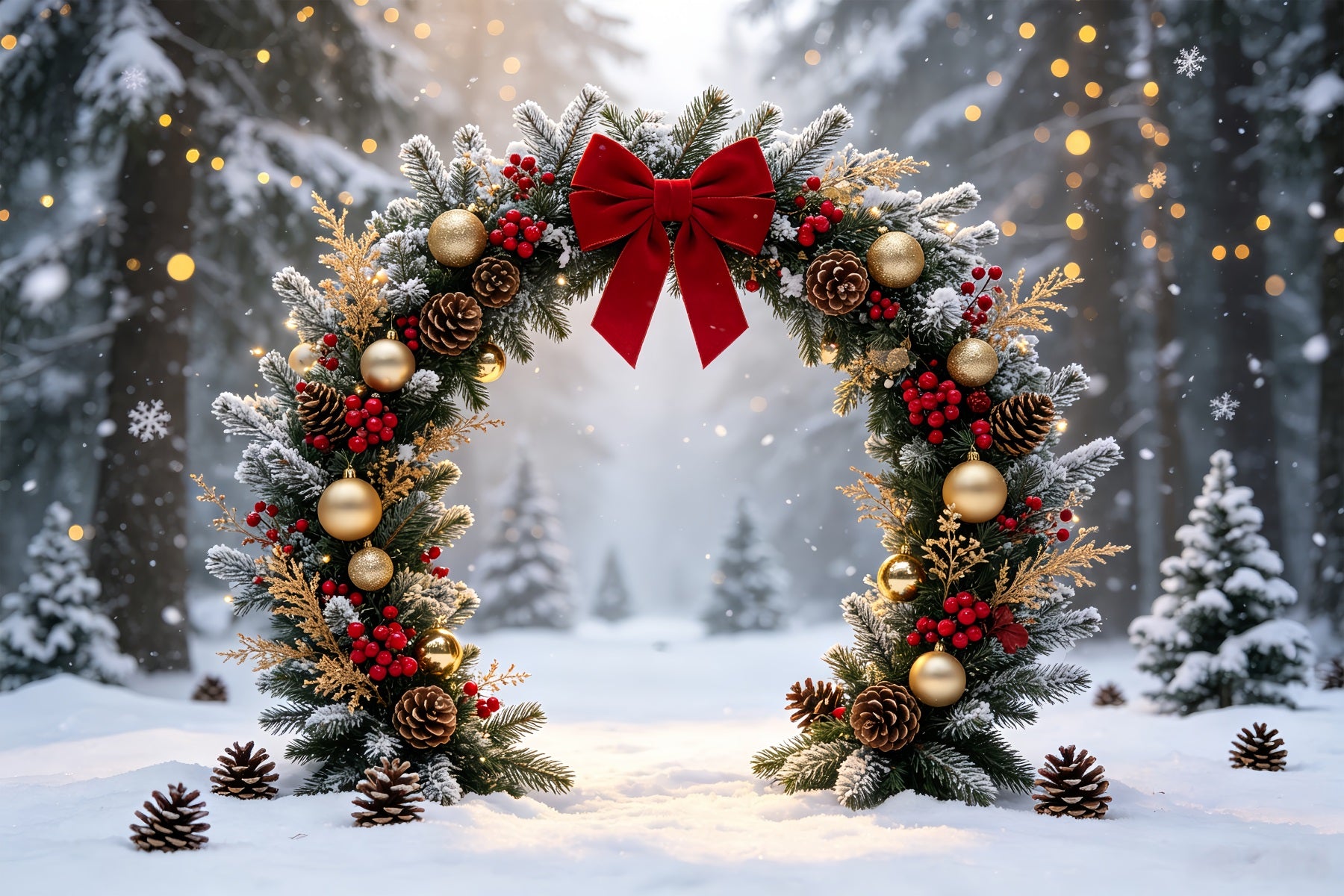 Christmas Wreath Backdrop Snowy Forest Garland Arch Photography Christmas Backdrops CSH68-63