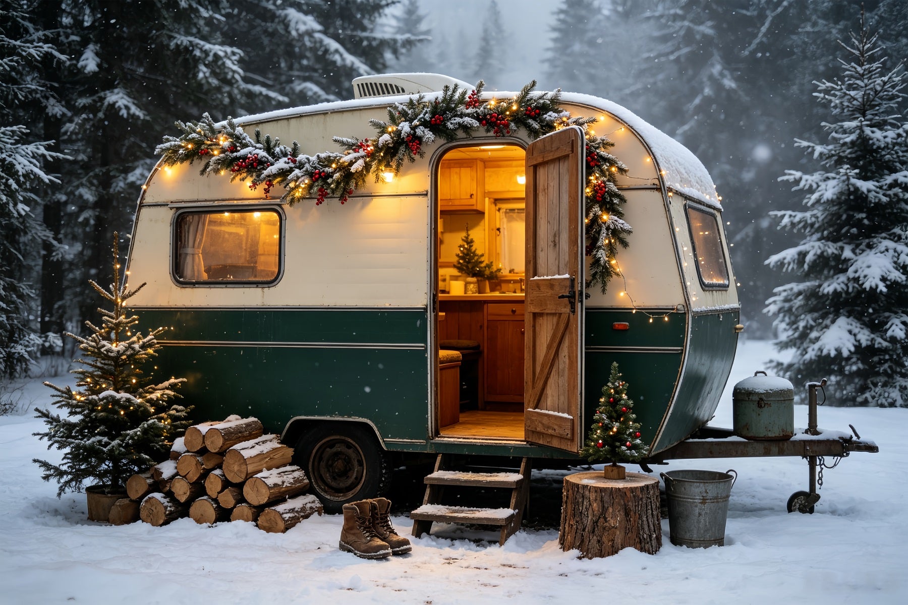 Christmas Camper Photography Backdrop Vintage Camper Woodland Backdrops Christmas CSH68-65