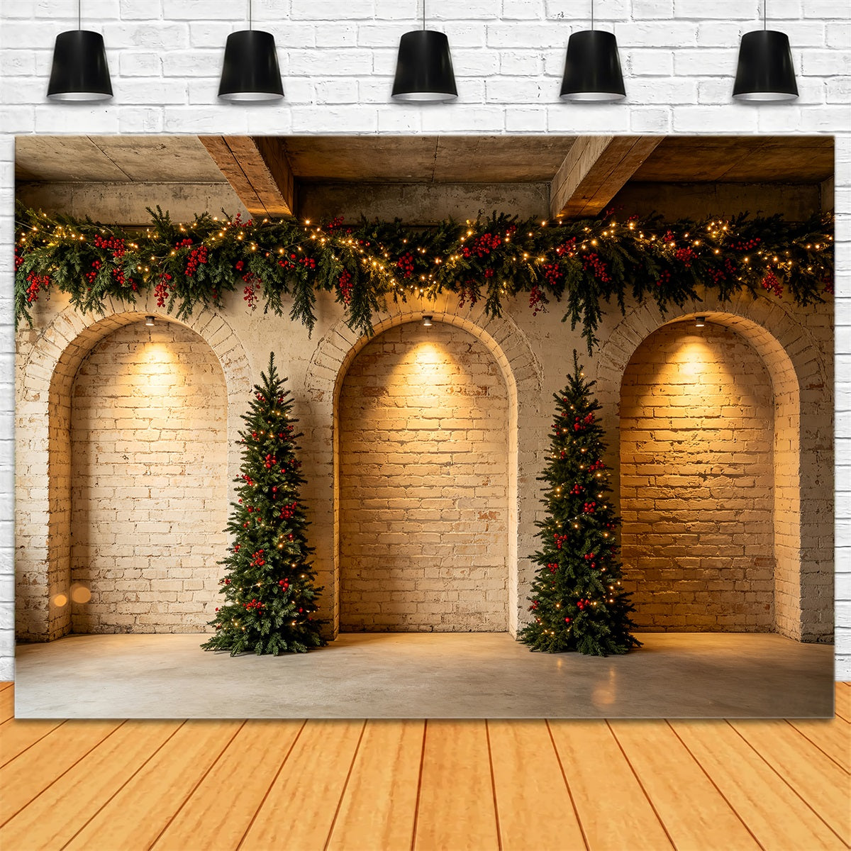 Christmas Wall Backdrop Brick Arch Garland Trees Photo Backdrops Christmas CSH68-68