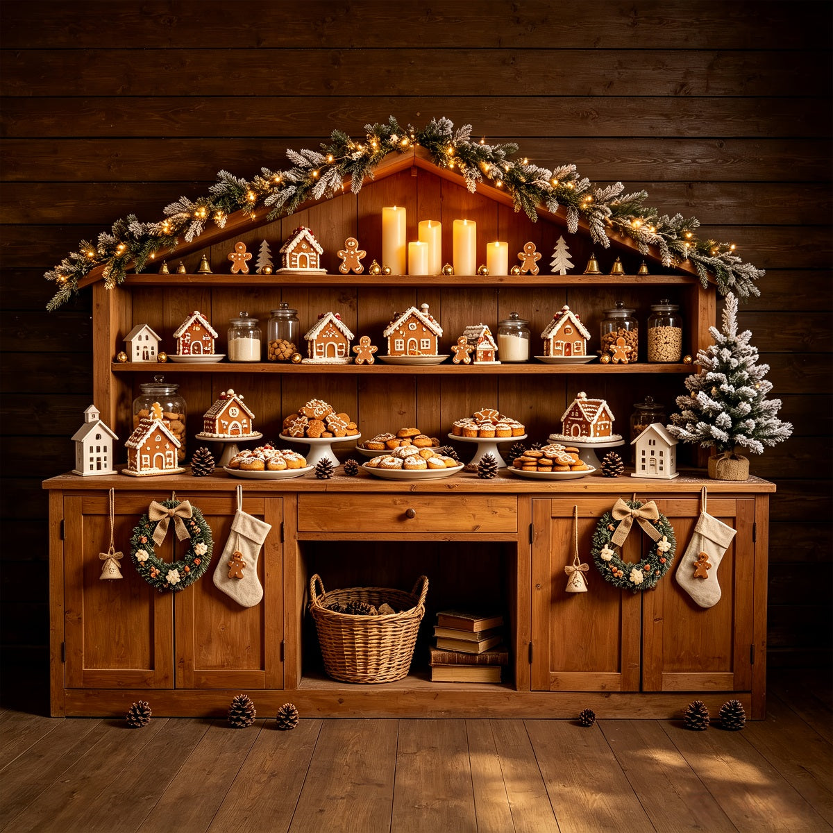 Christmas Bakery Backdrop Gingerbread Cabin Shelf Christmas Photo Backdrops CSH68-69