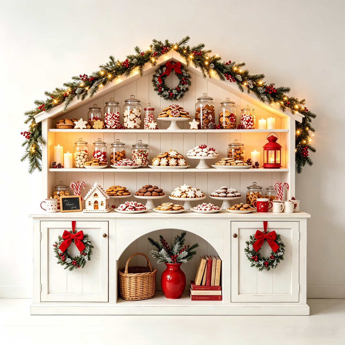 Christmas Bakery Backdrop White Candy Cottage Shelf Christmas Studio Backdrop CSH68-70
