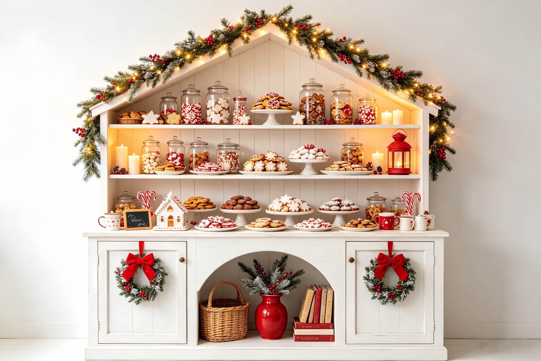 Christmas Bakery Backdrop White Candy Cottage Shelf Christmas Studio Backdrop CSH68-70