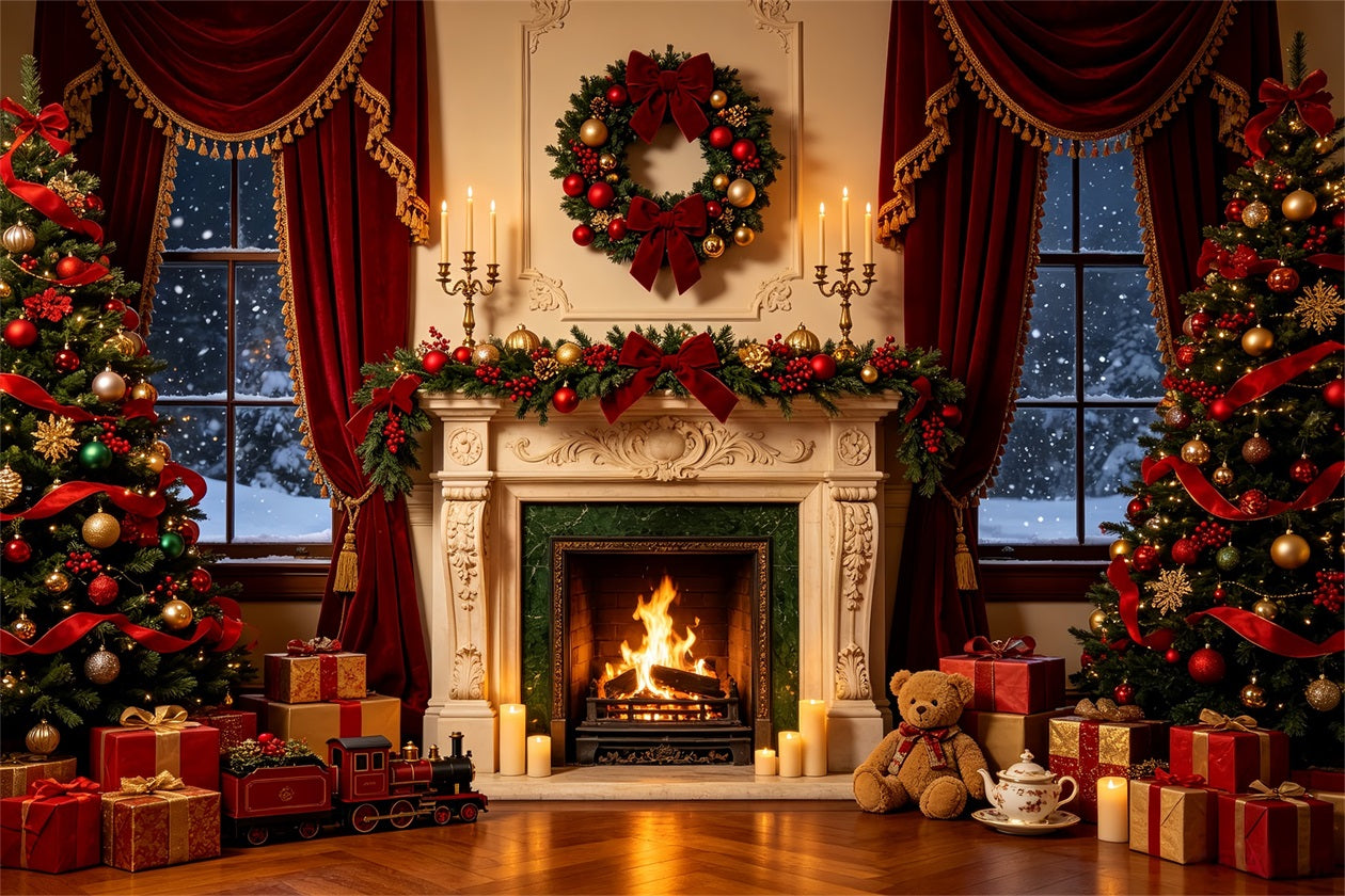 Christmas Fireplace Backdrop Luxury Window Ribbon Decor Photography Backdrop Christmas CSH68-71