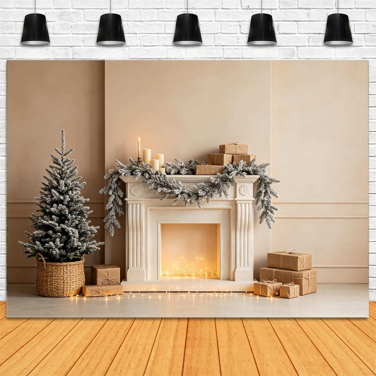 White Christmas Backdrop Snowy Fireplace Garland Indoor Christmas Backdrop CSH68-72
