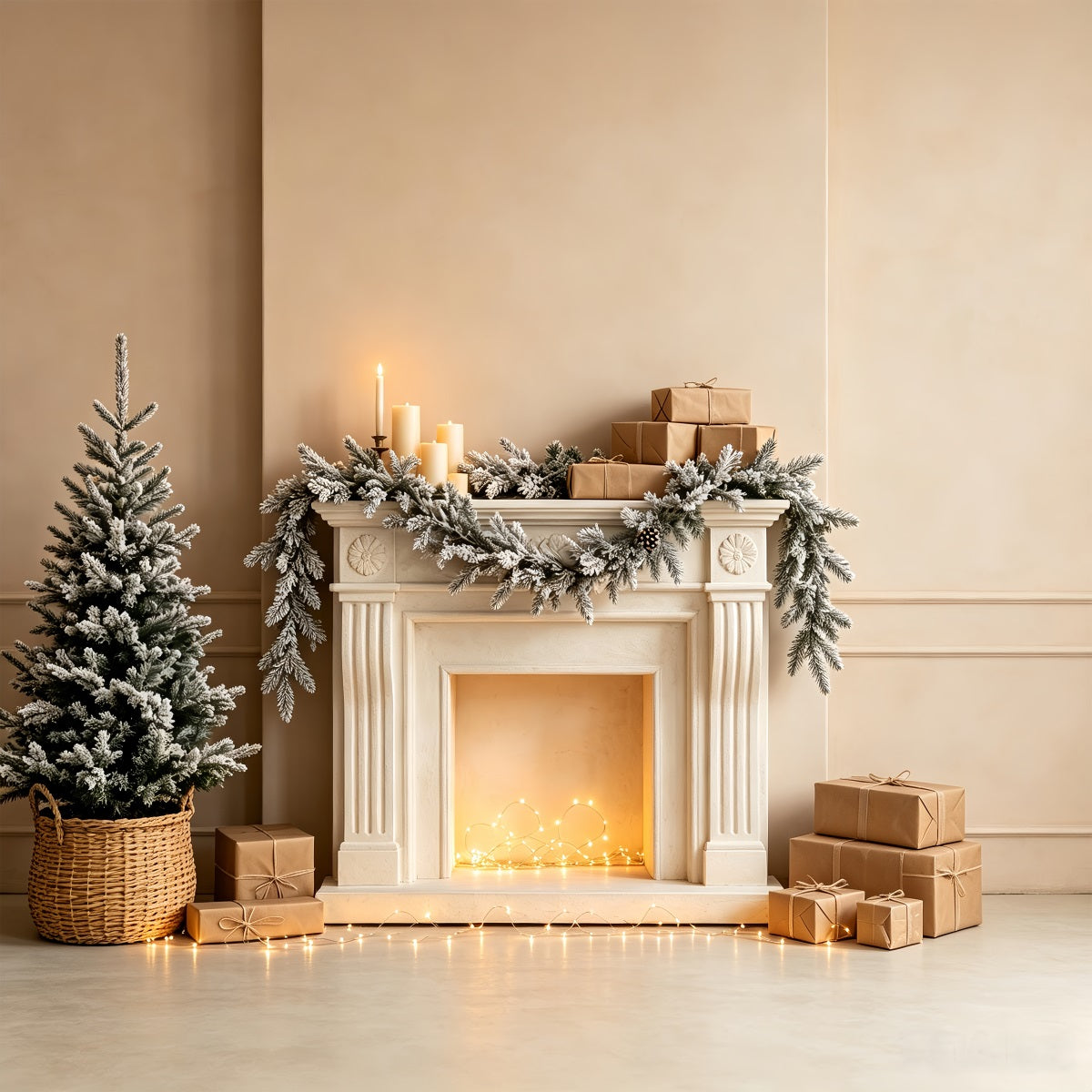 White Christmas Backdrop Snowy Fireplace Garland Indoor Christmas Backdrop CSH68-72