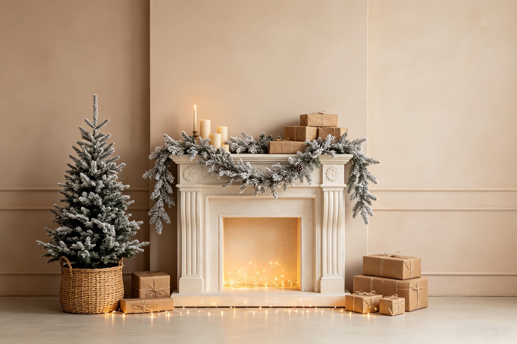 White Christmas Backdrop Snowy Fireplace Garland Indoor Christmas Backdrop CSH68-72