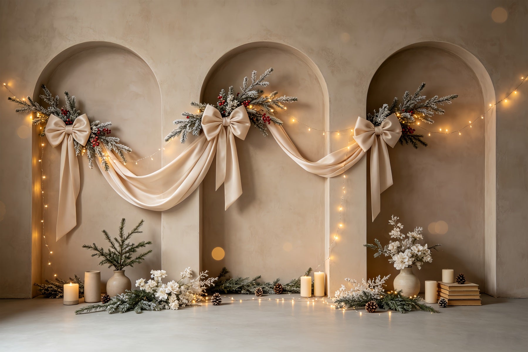 Boho Christmas Backdrop Elegant Arch Ribbon Decor Photo Christmas Backdrops CSH68-75