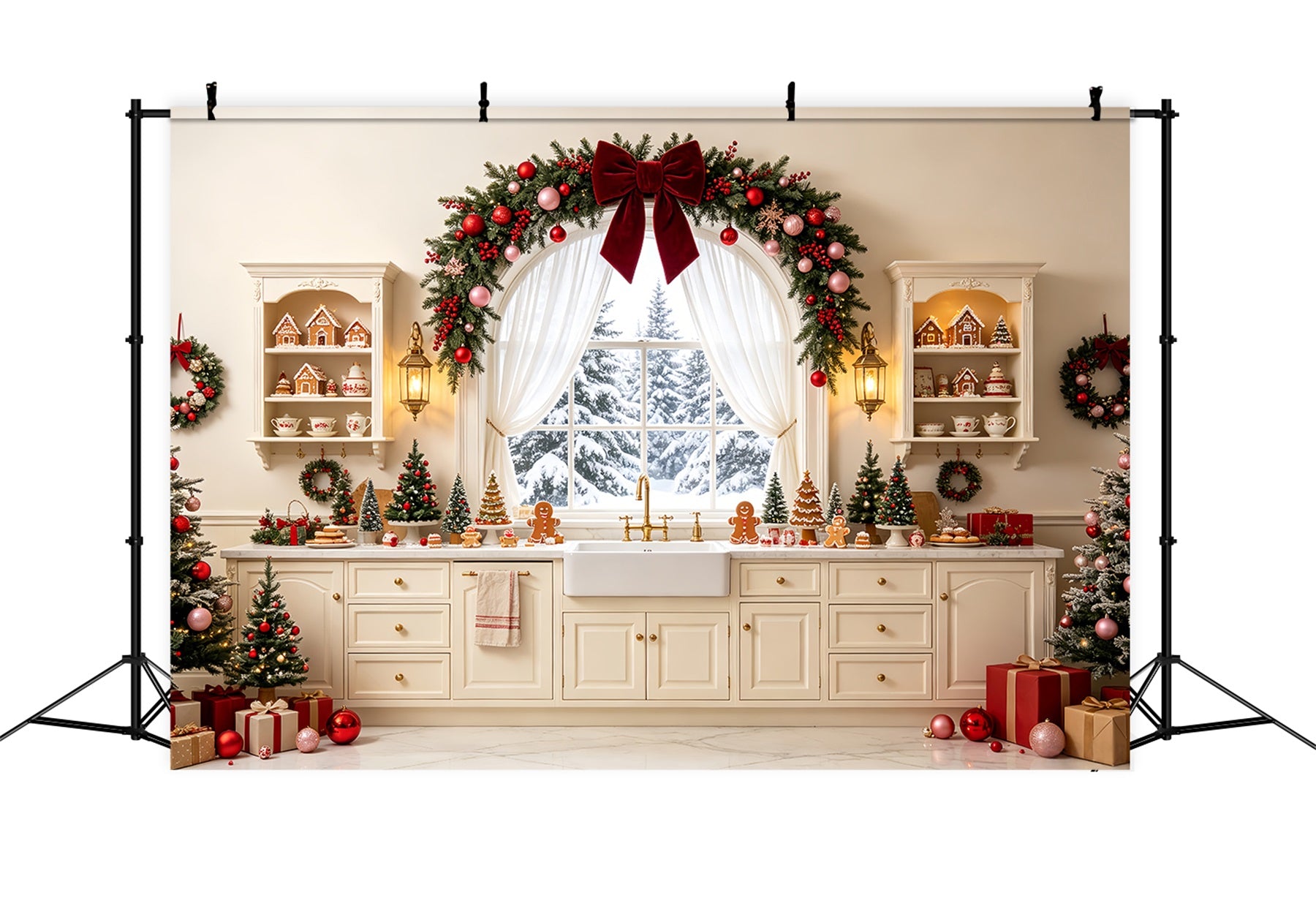 Christmas Kitchen Backdrop Snowy Fireplace Garland Christmas Studio Backdrops CSH68-76
