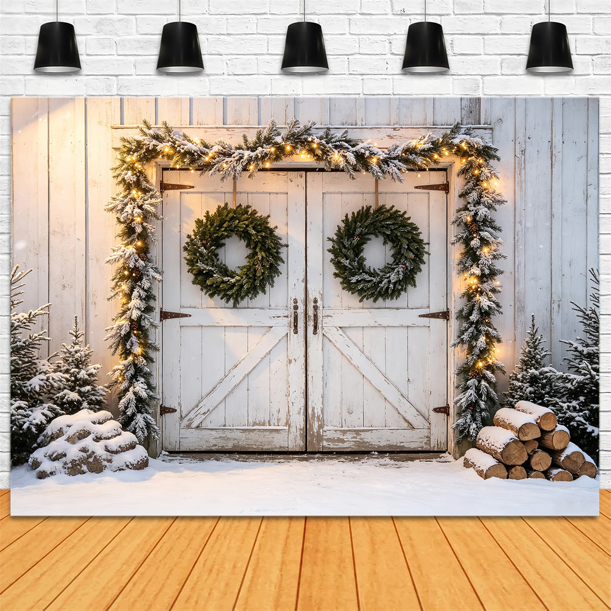 Barn Door Christmas Backdrop Snowy Barn Door Garland Wall Christmas Backdrop CSH68-79