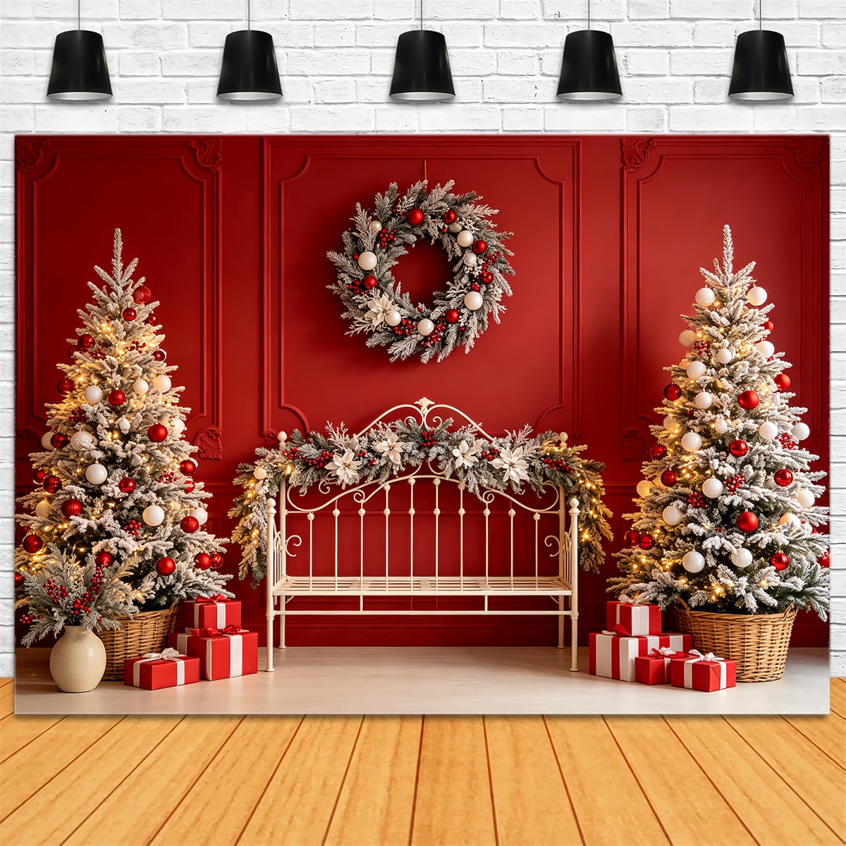 Christmas Headboard Backdrop Red Bench Frosted Trees Christmas Muslin Backdrop CSH68-80